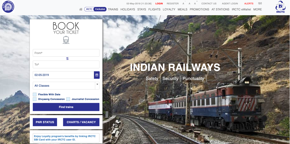 Figure 1: The home page of irctc.co.in (The internet portal of the Indian Railways)